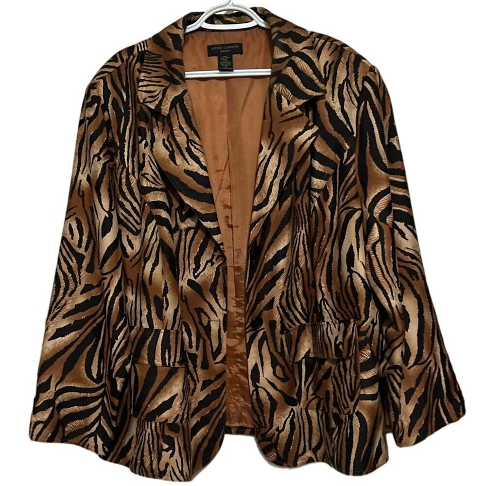 Anne Carson Women's Brown Black Animal Print Jacket Two Button Pockets Size 3X - Picture 2 of 6